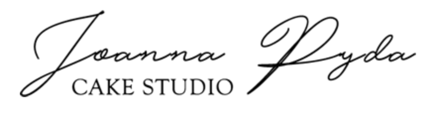 Elegant handwritten script logo design for Joanna Pyda Cake Studio in black calligraphy.