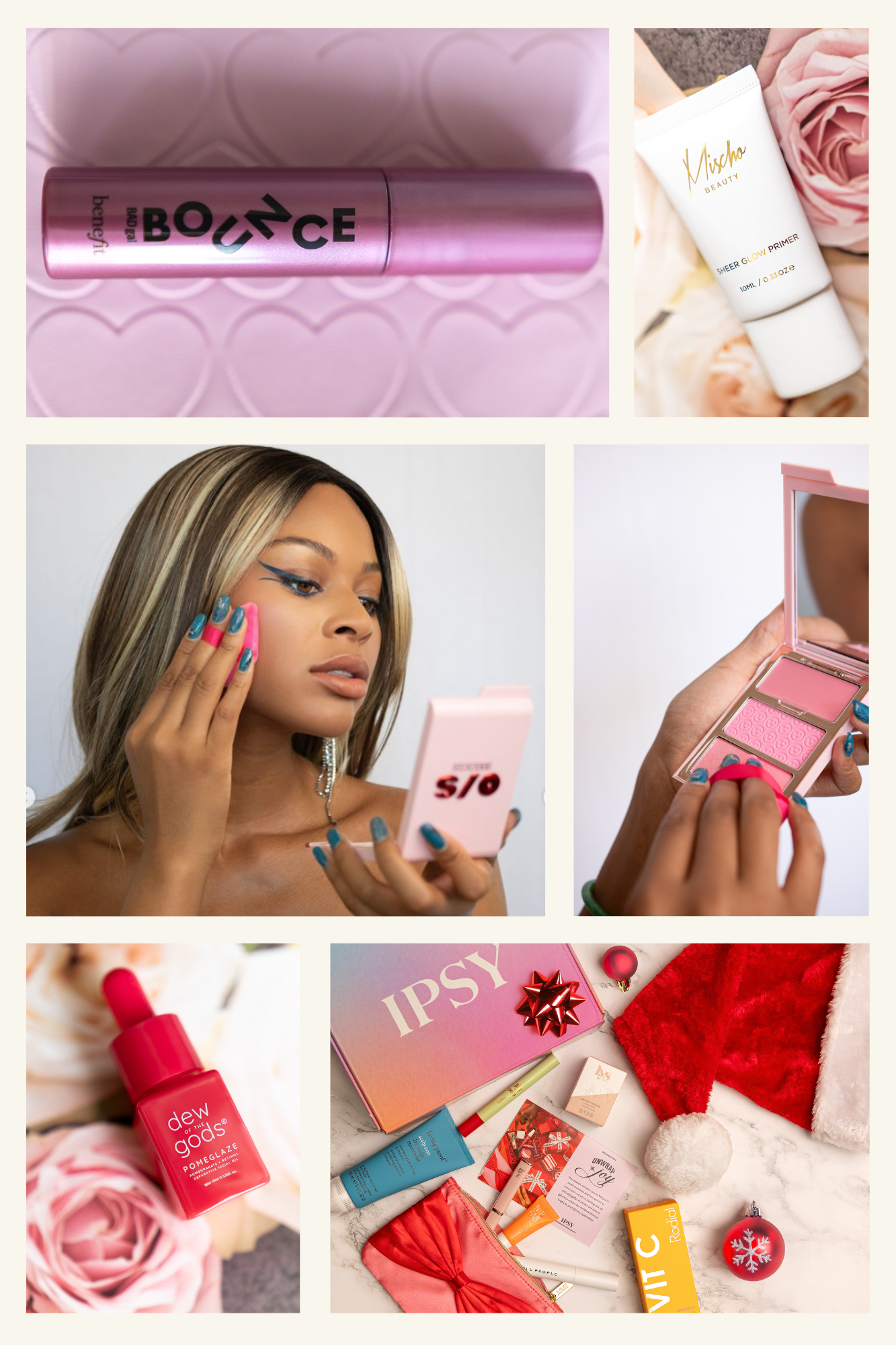 Pink and gold beauty products including perfume bottles, makeup palettes, and skincare items arranged in a flatlay composition.