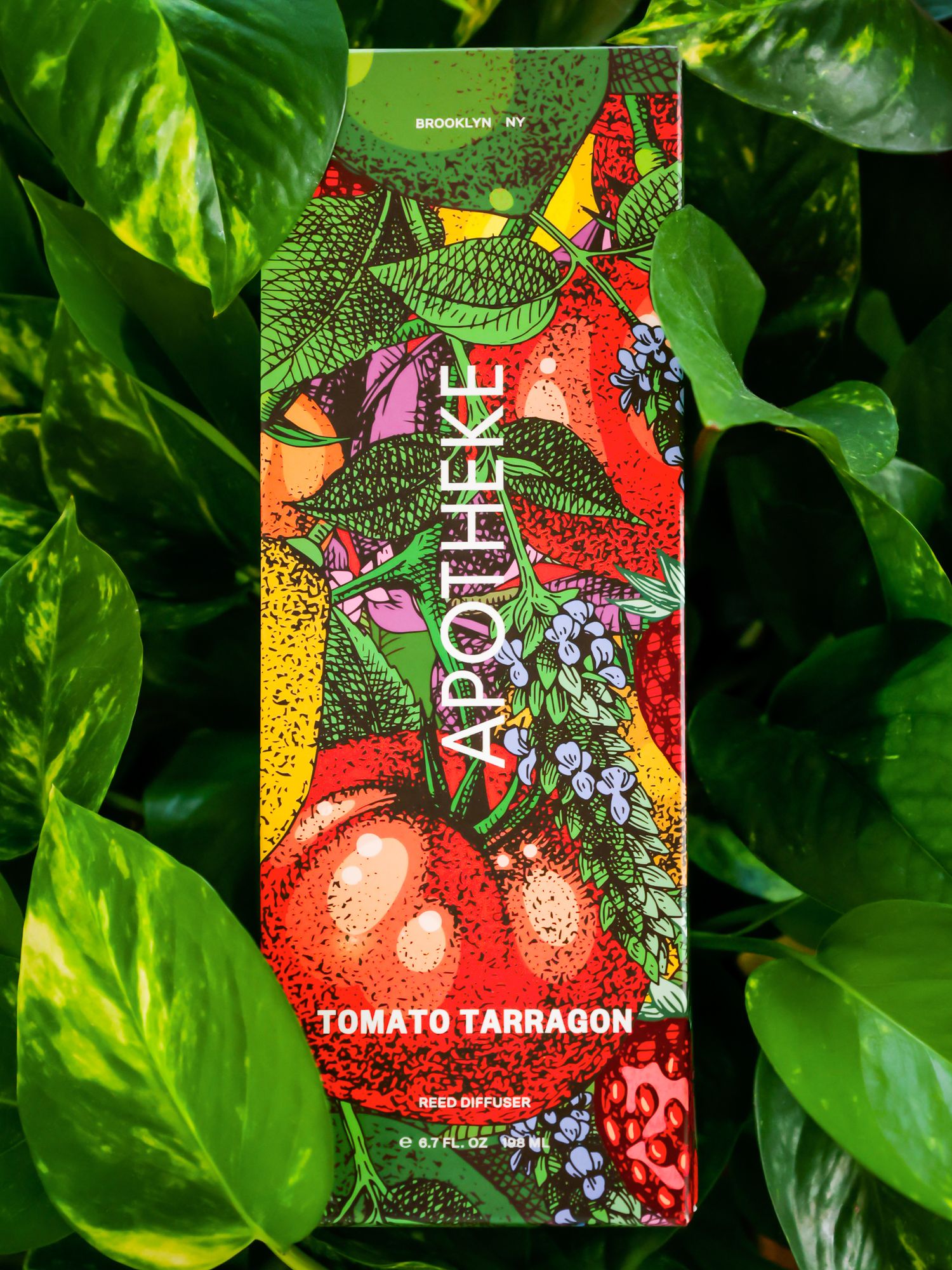 Colorful tea package design featuring vibrant illustrations of tomatoes and herbs against a leafy green background.