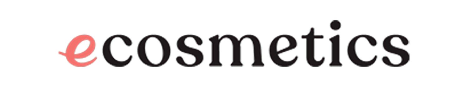 A minimalist logo design featuring the word 'ecosmetics' in pink and grey letters on a white background.