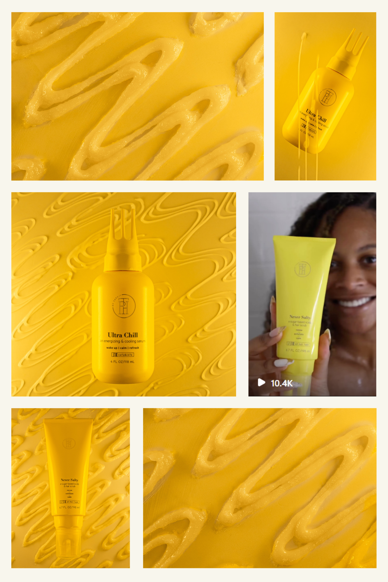 Yellow beauty product packaging against yellow background with swirl patterns and promotional video content.