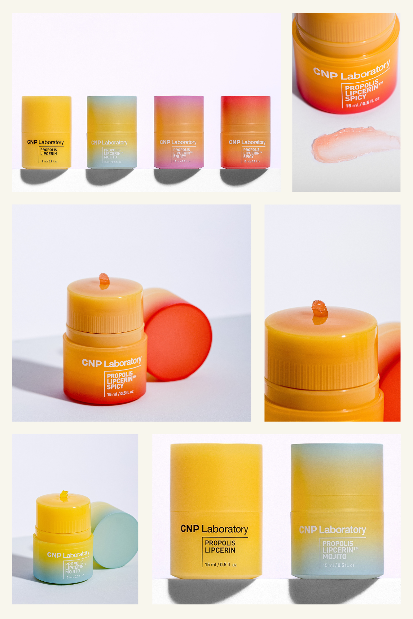 Aesthetic product photography of CNP Laboratory skincare jars in warm orange and yellow tones with shadows on light background.