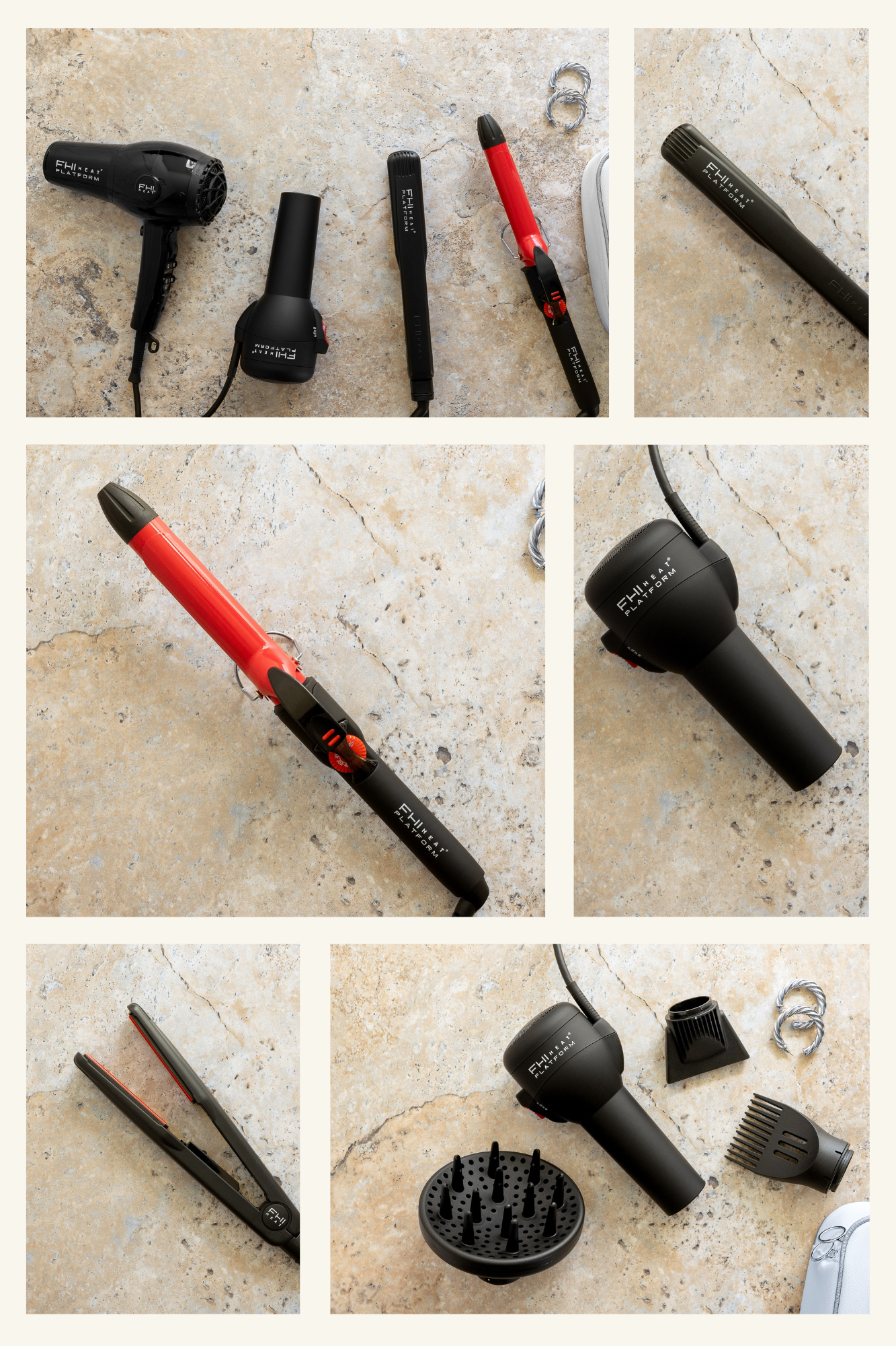 Professional hair styling tools including blow dryers, curling irons, and diffuser attachments arranged on a light marble surface.