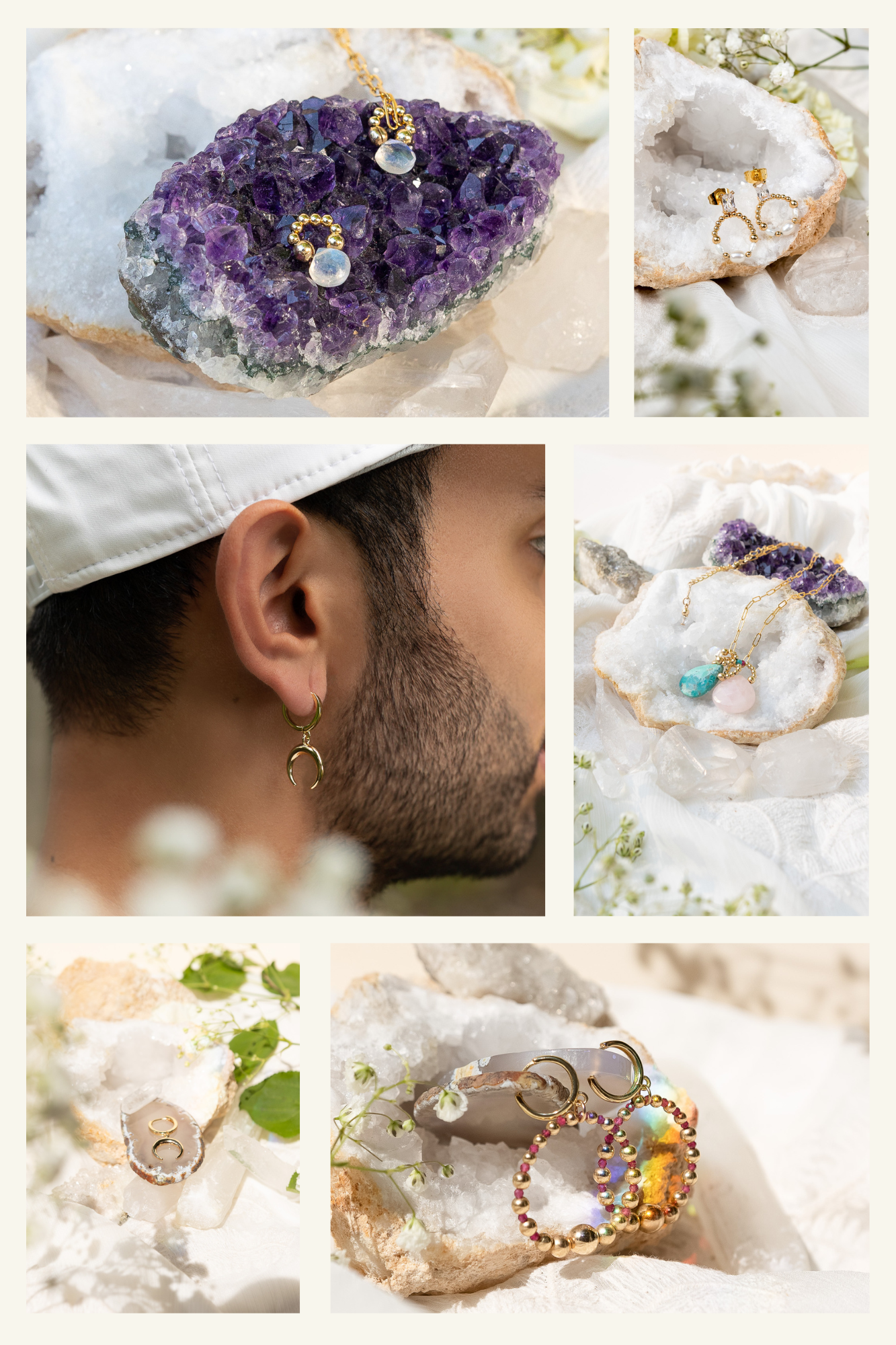 Collection of purple amethyst crystals and handmade jewelry pieces displayed on white stones in a lifestyle product photo.