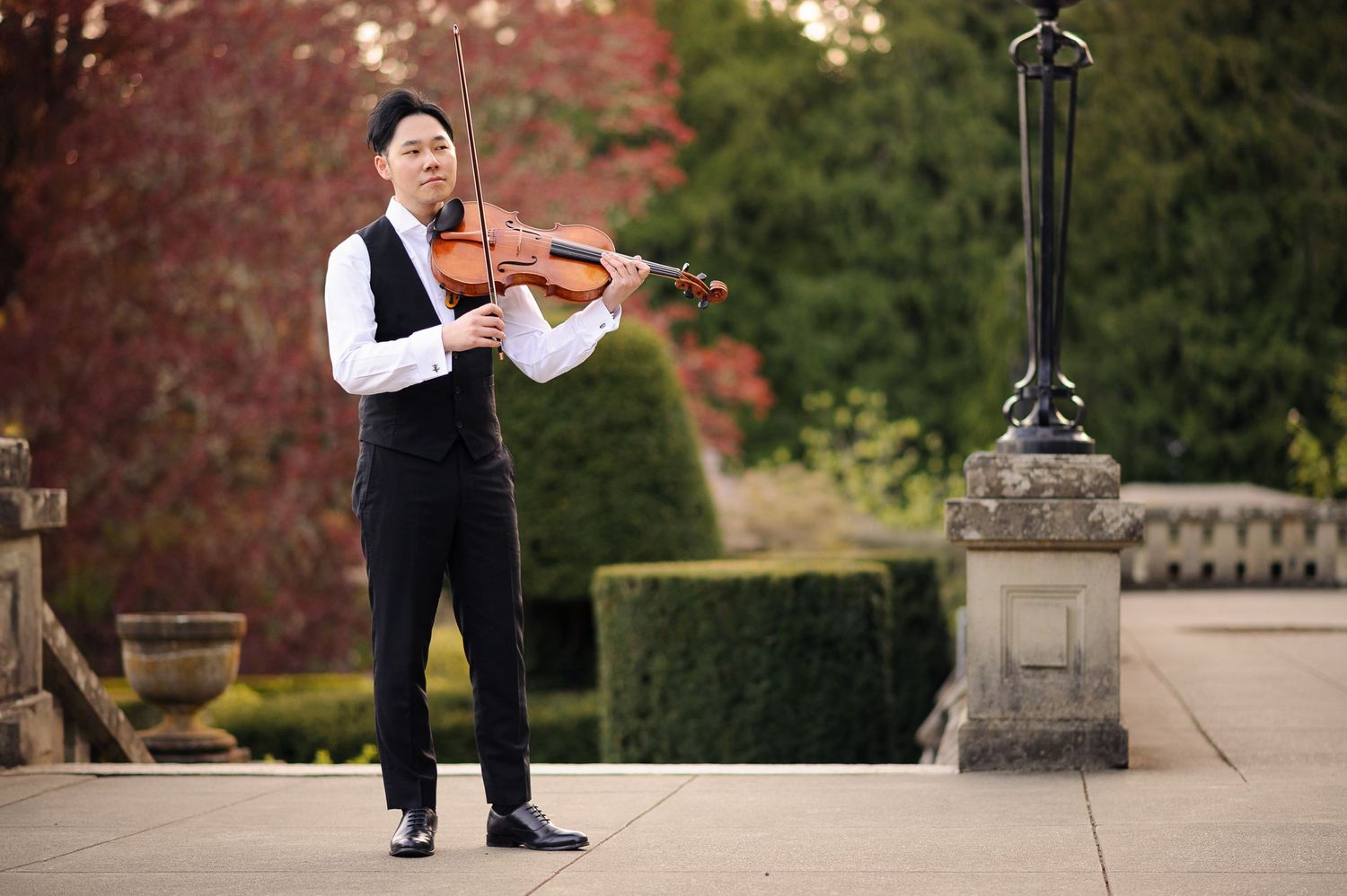 A man in an elegant vest prepares to play viola by some strangely shaped bushes and red trees.