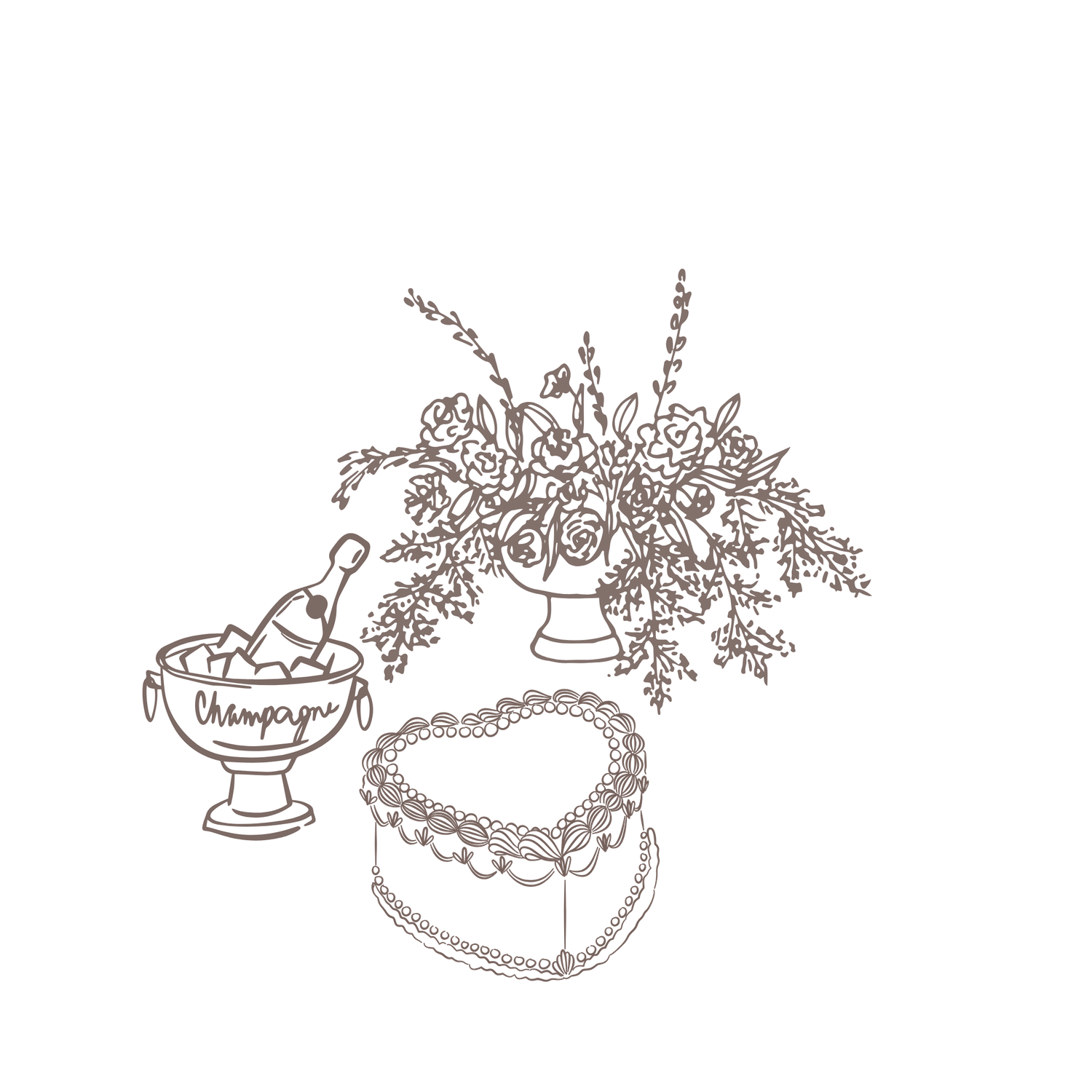 Delicate botanical line drawing featuring floral arrangements and decorative vases in a row.