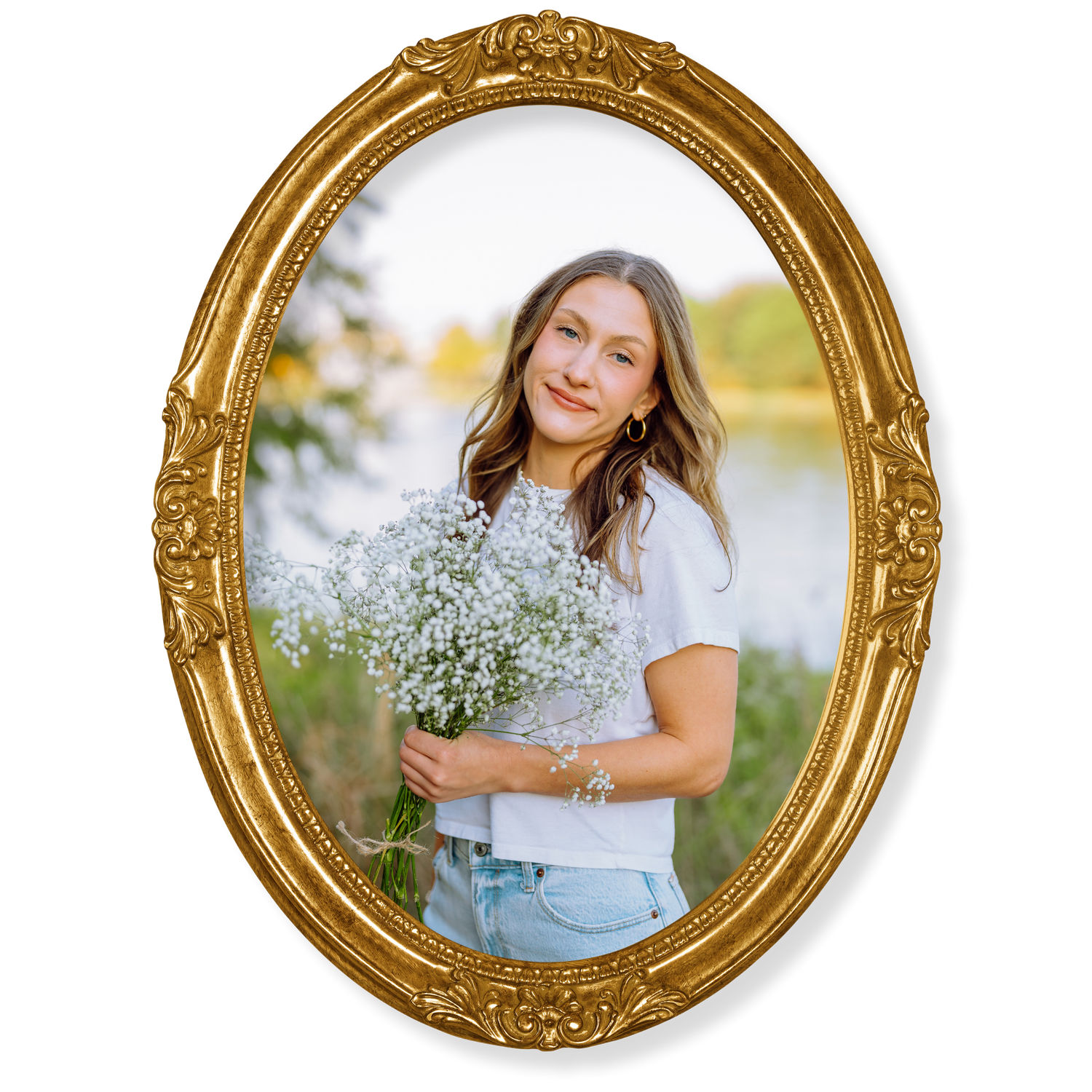 Ornate gold vintage frames displayed in a row against white background capturing outdoor portrait photography.