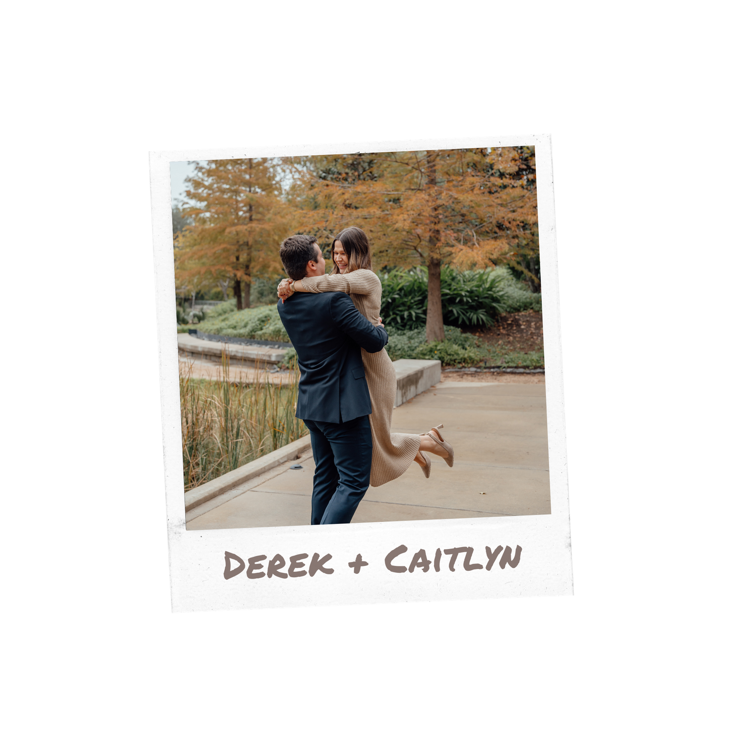 Vintage-style polaroid photo of couple embracing on pathway during autumn.