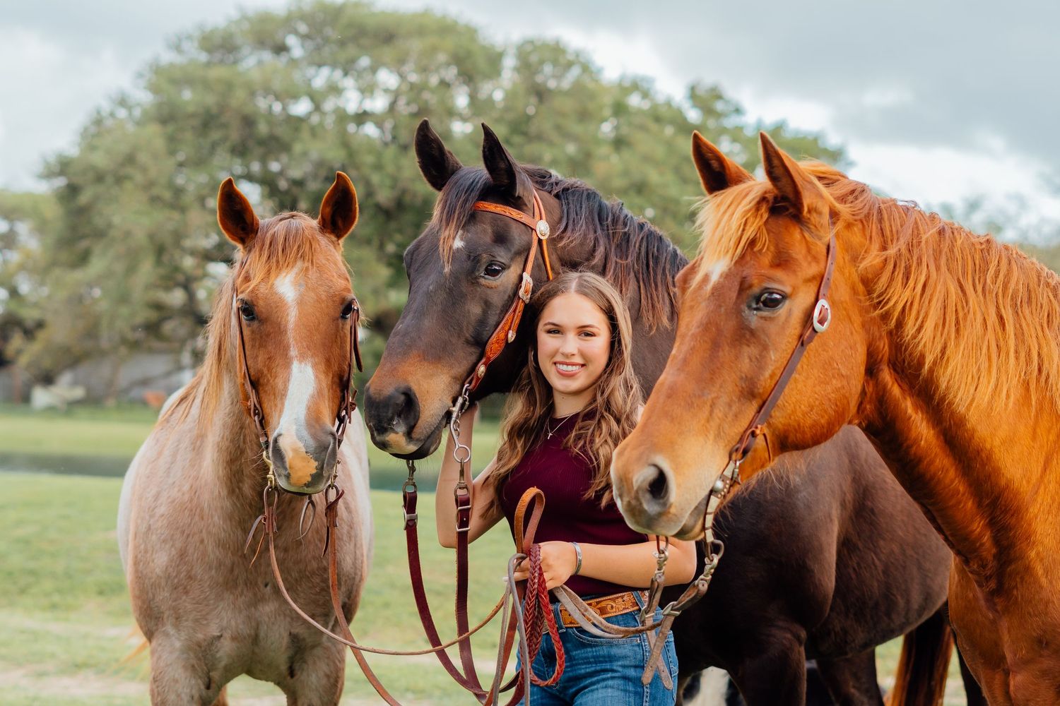 A series showing someone posing with multiple horses in a rustic outdoor setting.