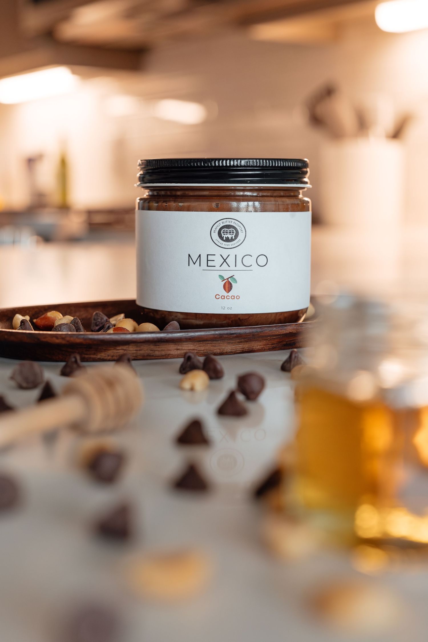 Close-up of artisanal chocolate containers with Mexico branding.