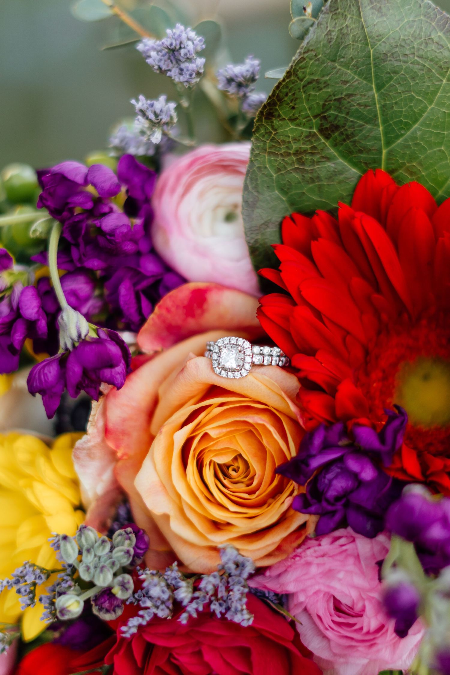 Colorful wedding bouquet featuring roses, dahlias and a stunning engagement ring nestled among the blooms.