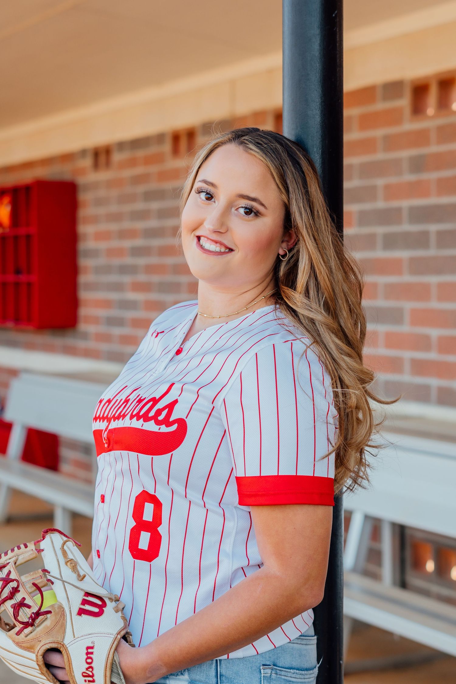 Baseball themed portraits featuring pinstriped uniform against brick backdrop.