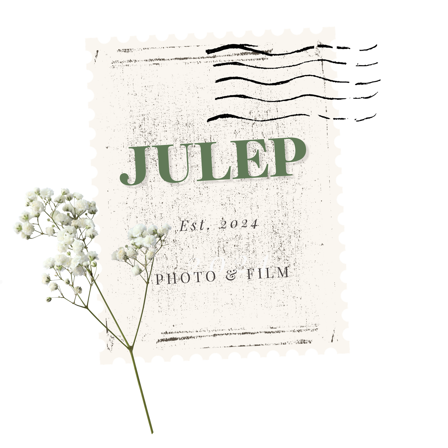 Rustic white postcard design featuring Julep Photo Film branding and baby's breath flower.