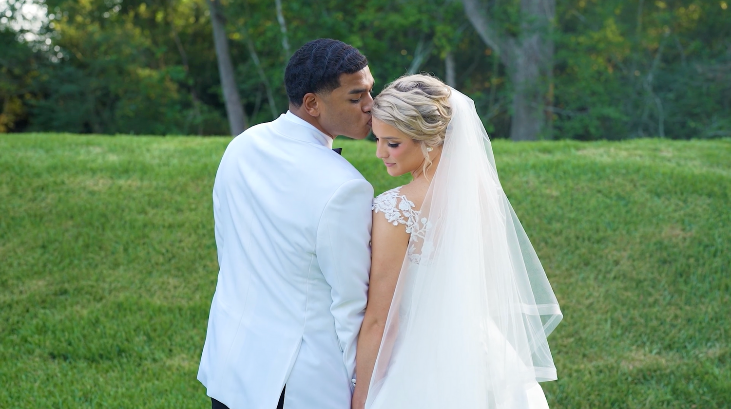 Romantic outdoor wedding photography sequence with natural greenery and sunlight.