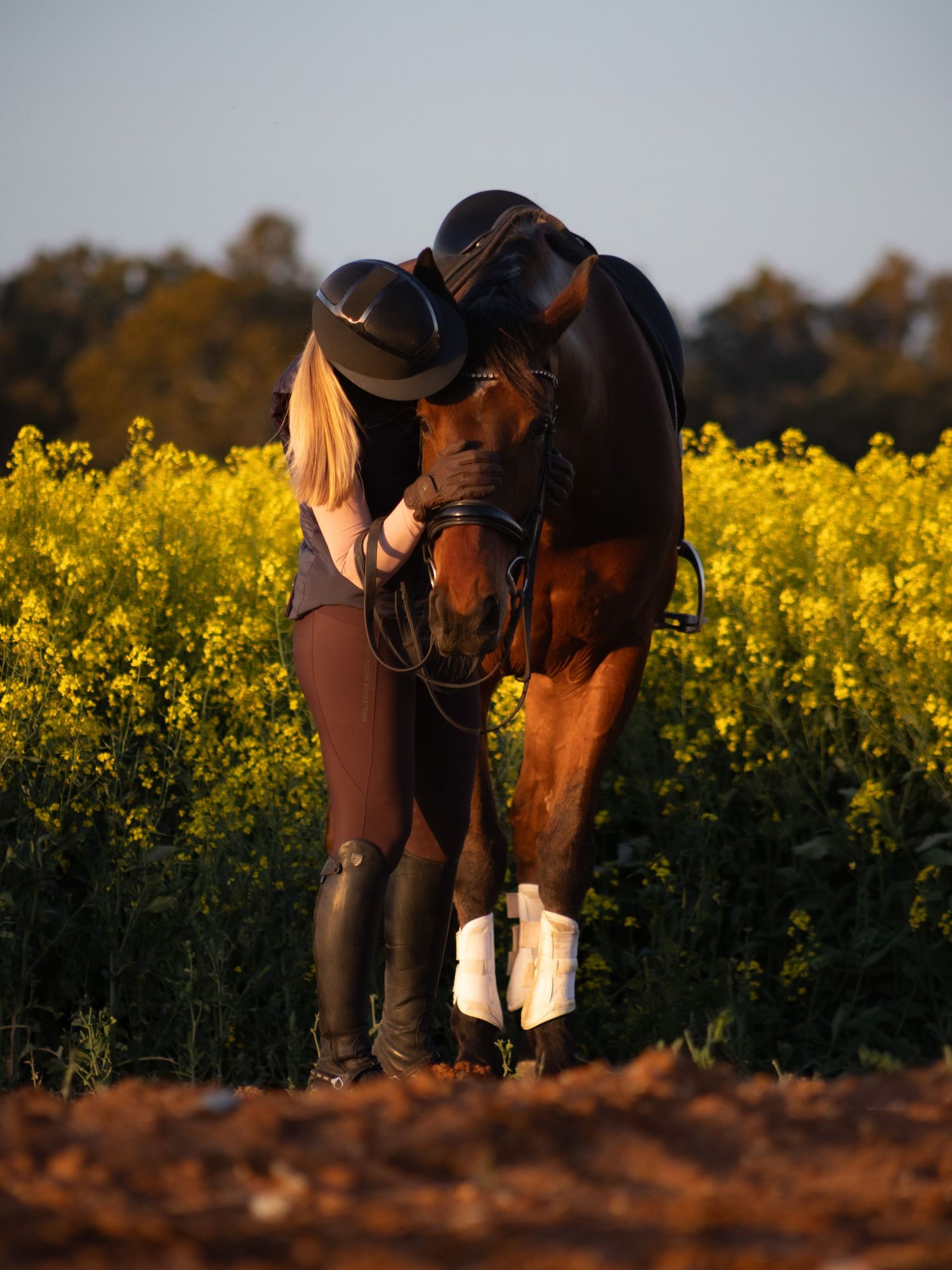 A couple standing close together in a field of yellow flowers at sunset.