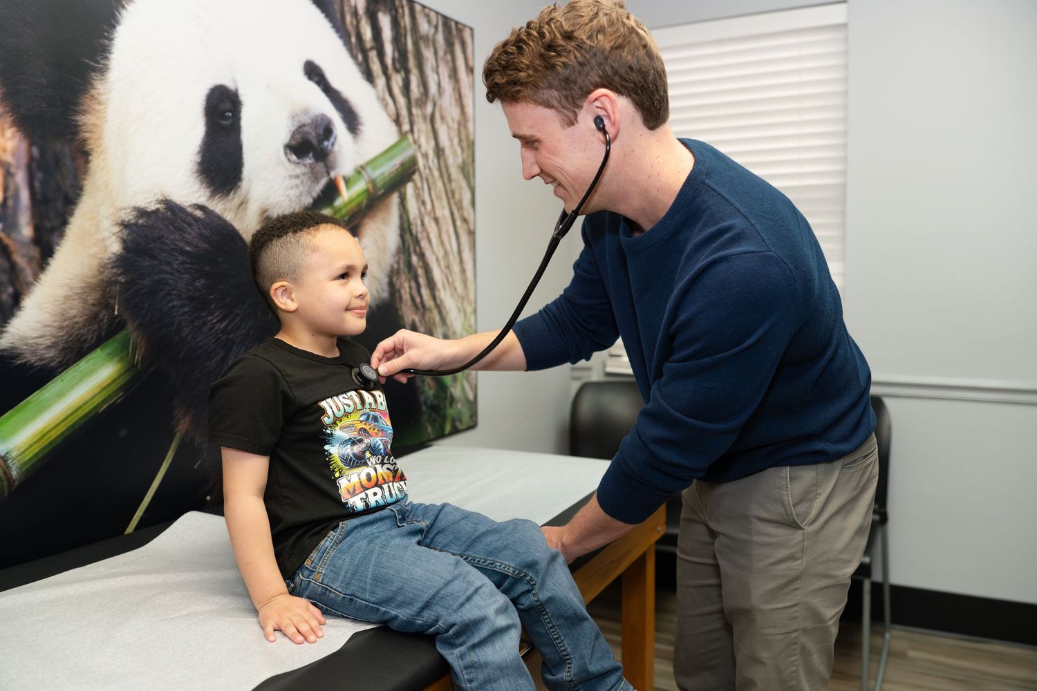 A sequence of medical examination images showing patient consultation and physical therapy treatment sessions.