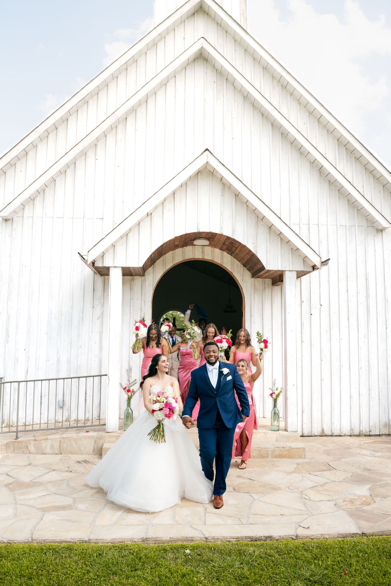 Wedding party poses in front of white chapel doors in sequence of celebratory photos.