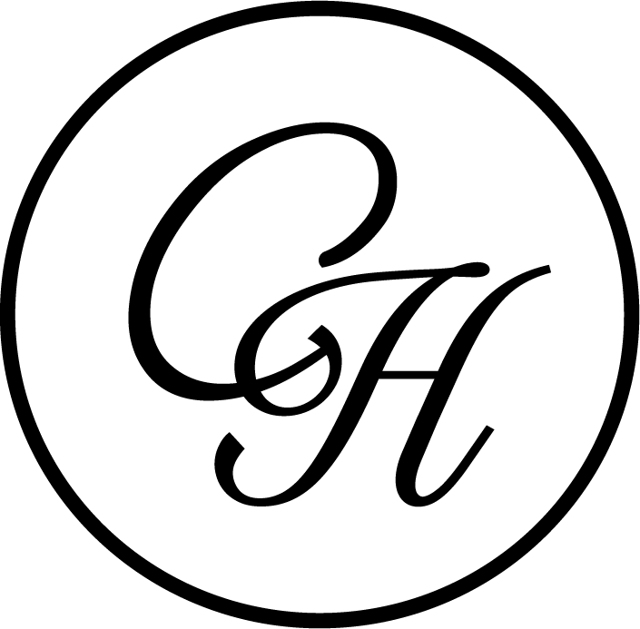 Decorative black cursive text design element, Chloe Hughes 'CH' round logo