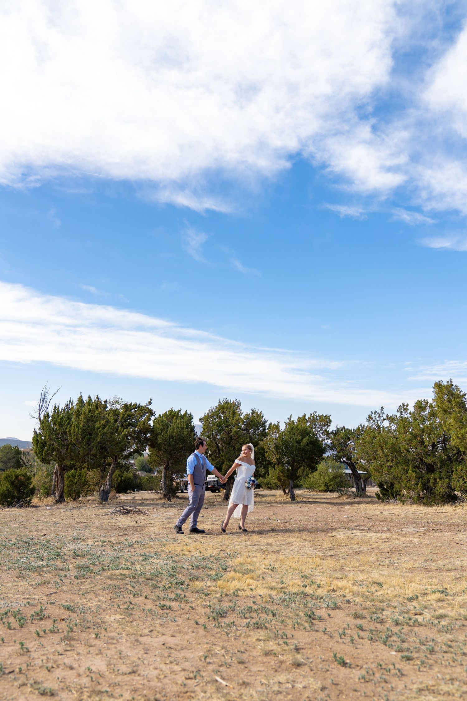 People explore a scenic desert landscape with scattered juniper trees under a bright blue sky with wispy clouds.