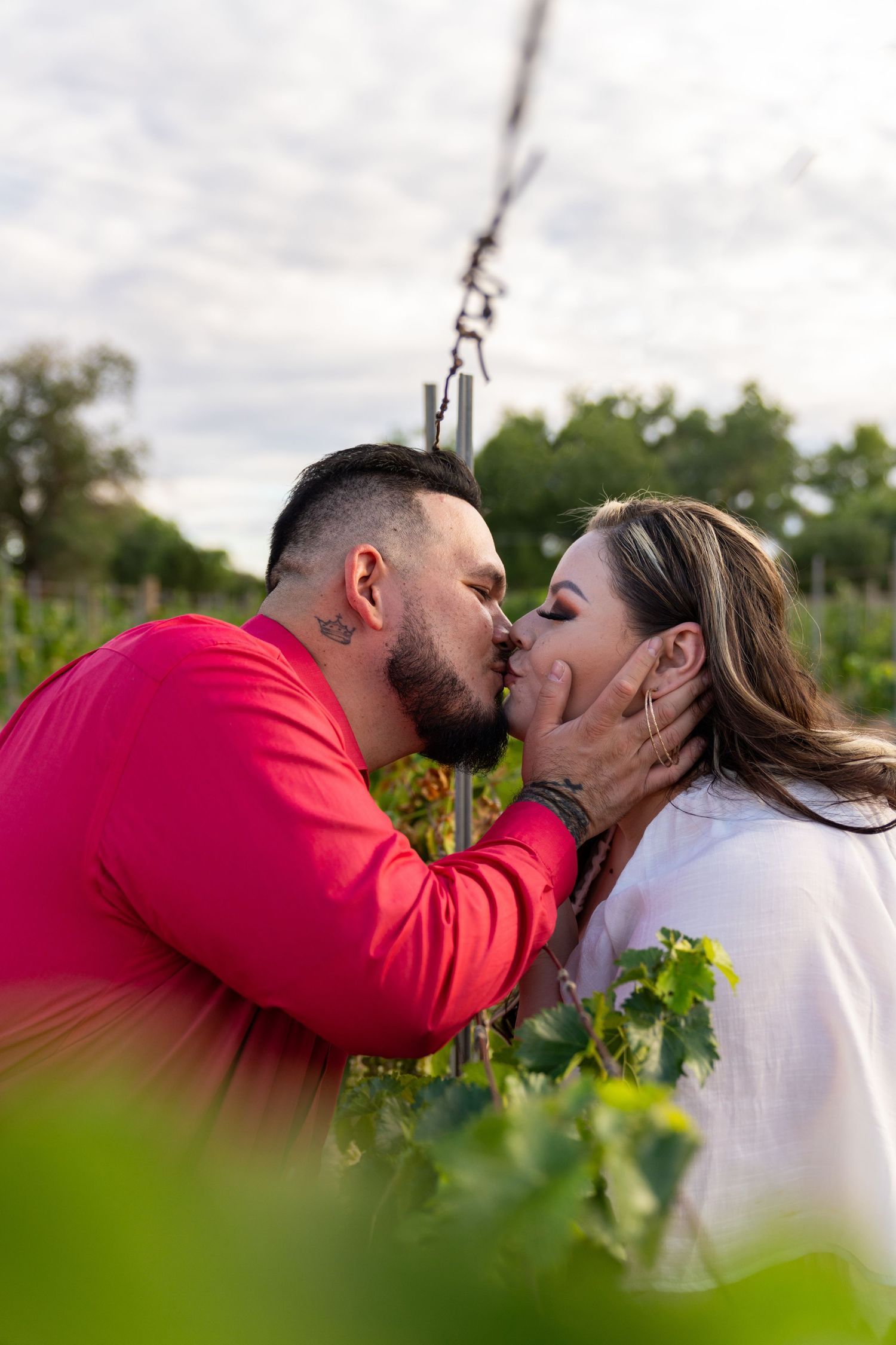 A romantic sequence of a couple sharing a tender kiss in a vineyard with lush green vines on a cloudy day.