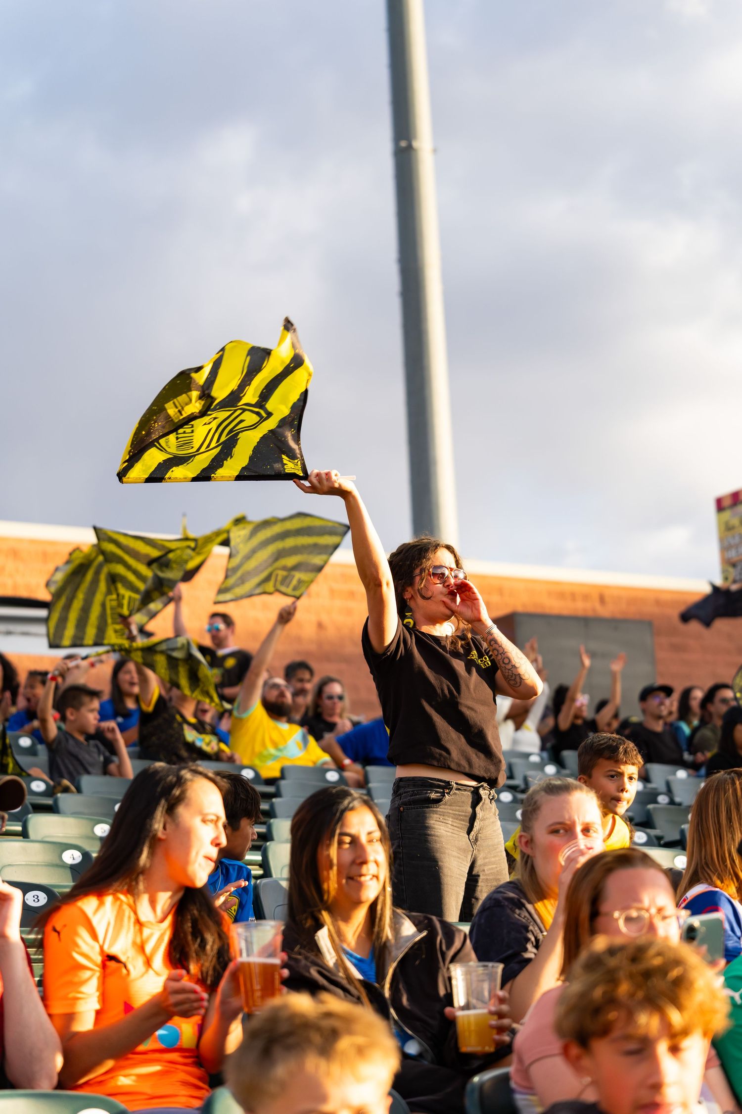 Excited fans wave black and yellow flags in stadium stands during a soccer match on a cloudy evening.