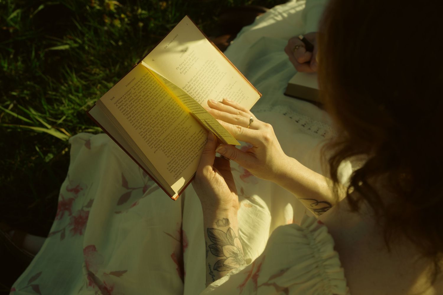 Close-up of hands holding an open book outdoors in warm golden light.