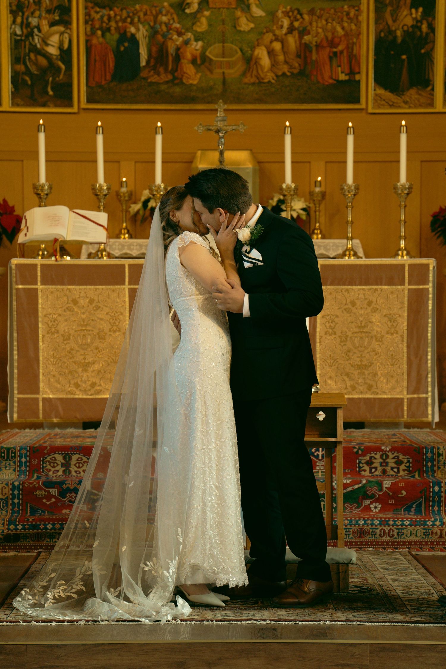A series of wedding ceremony moments showing a couple kneeling at the altar in a church with candlelight and decorations.