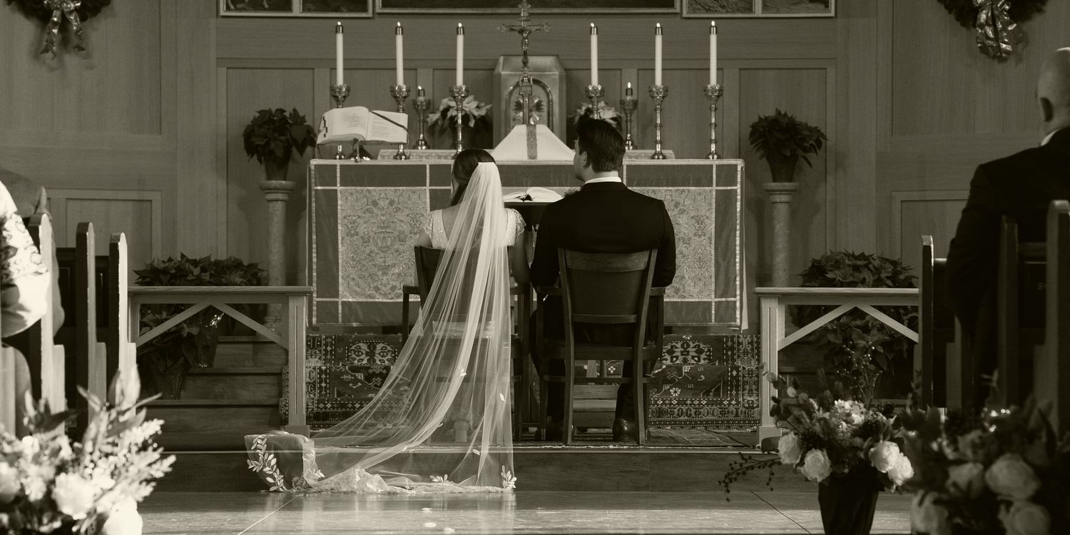 A vintage black and white photo collage showing multiple scenes from a wedding ceremony in a church.