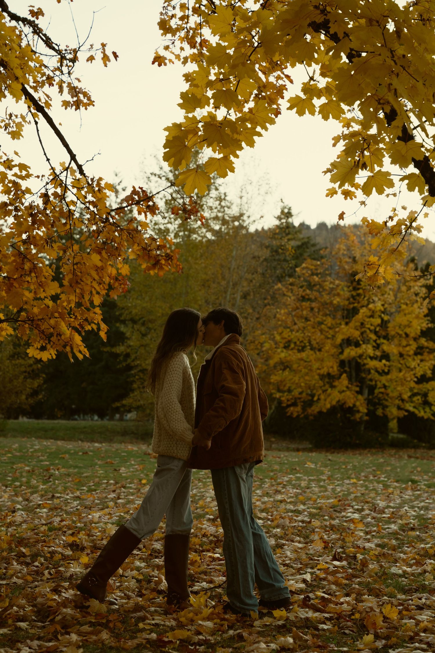 Silhouettes of people walking under golden autumn trees at sunset.