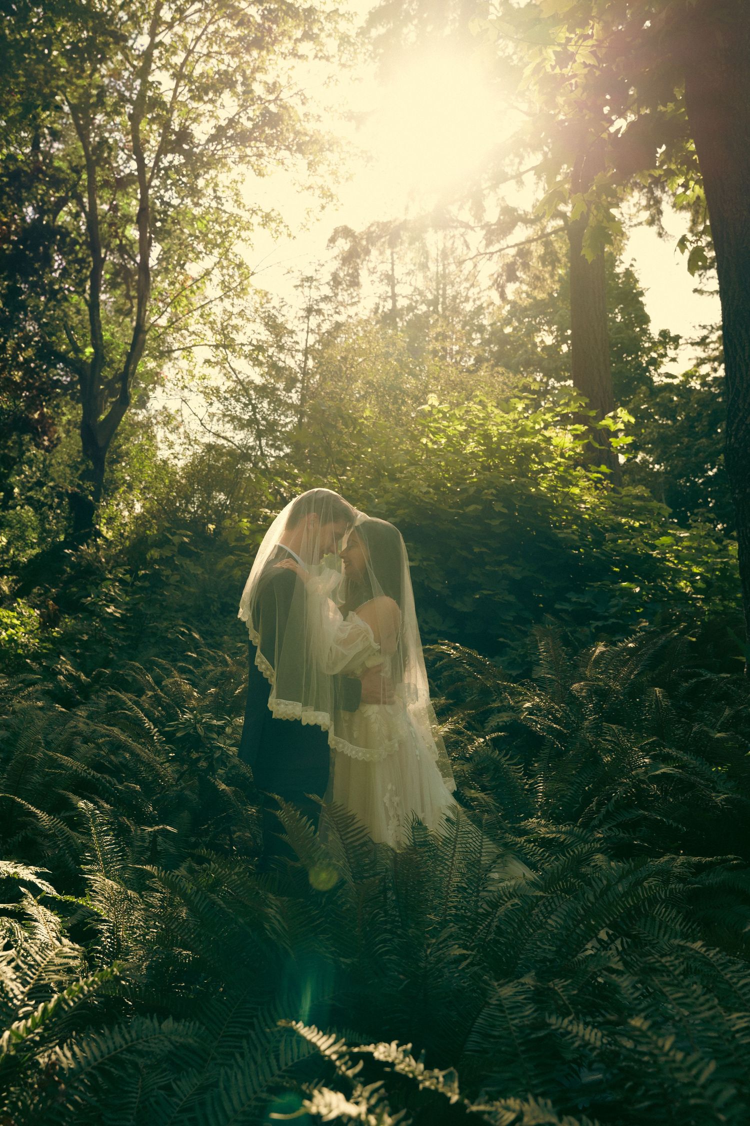 A figure in a flowing white dress and veil stands among ferns in a misty forest backlit by golden sunlight.