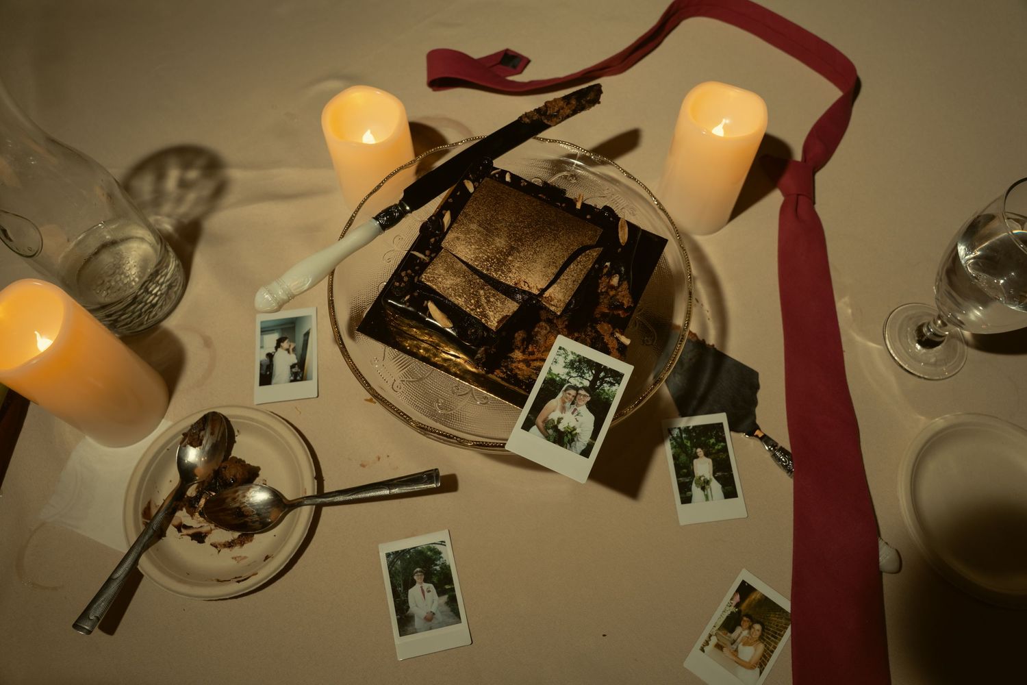 Romantic wedding table with Polaroid photos, candles, ribbon, and vintage items on white linen.