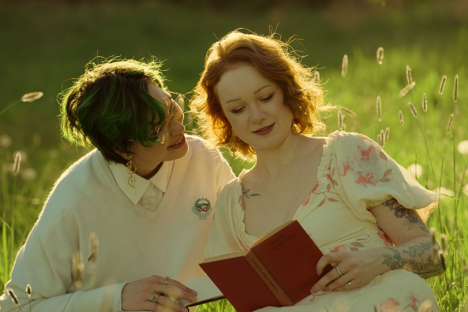 Young couple share a romantic moment reading a red book together in a sunny green field.
