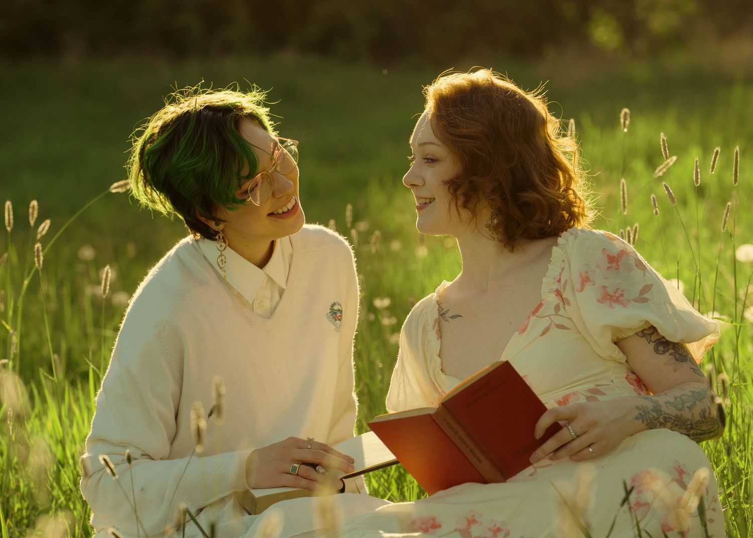 Couple sitting in sunny meadow sharing a book, smiling at each other in golden hour light.