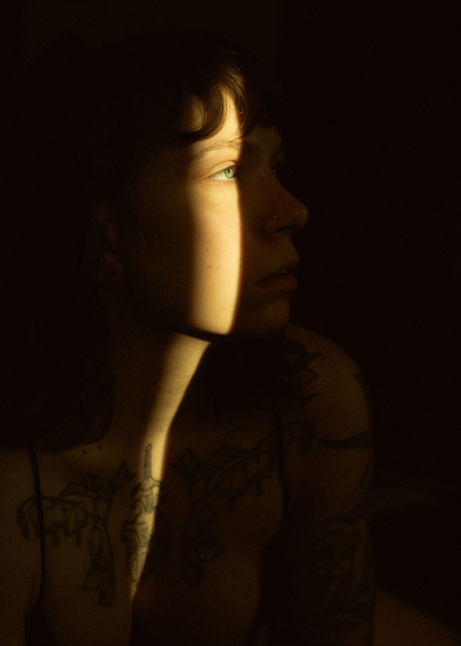 A series of dramatic black and white portraits showing a silhouetted figure against a dark background with selective lighting.