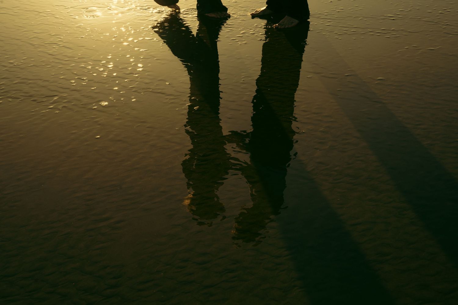 Silhouettes reflected in wet sand during golden sunset.