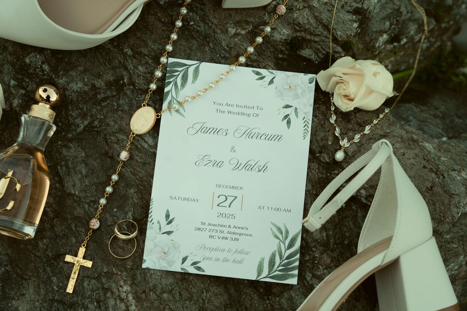 Wedding invitation details with floral designs and decorative elements laid out on a dark surface.