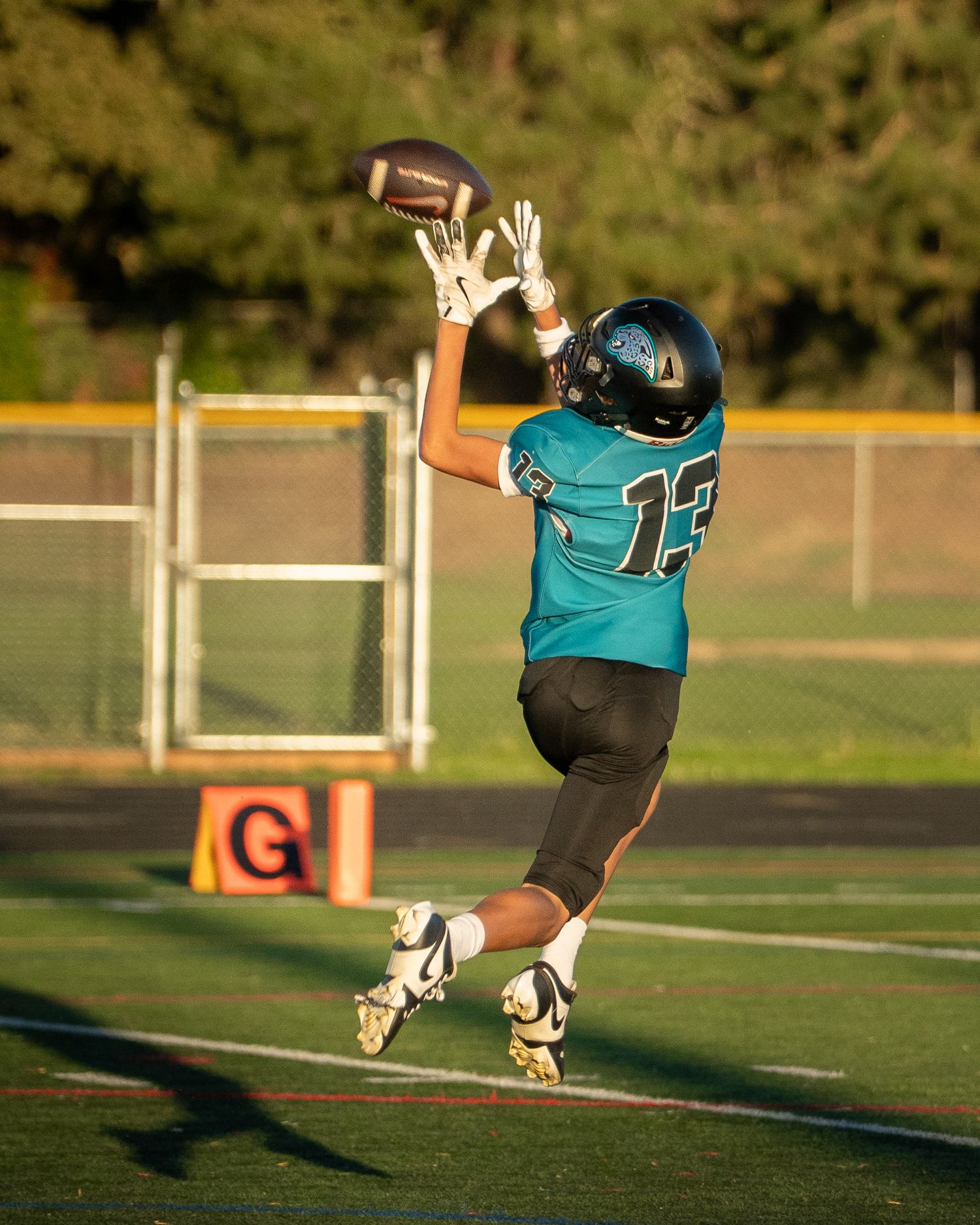 Player in teal jersey performs an athletic diving motion on the football field.