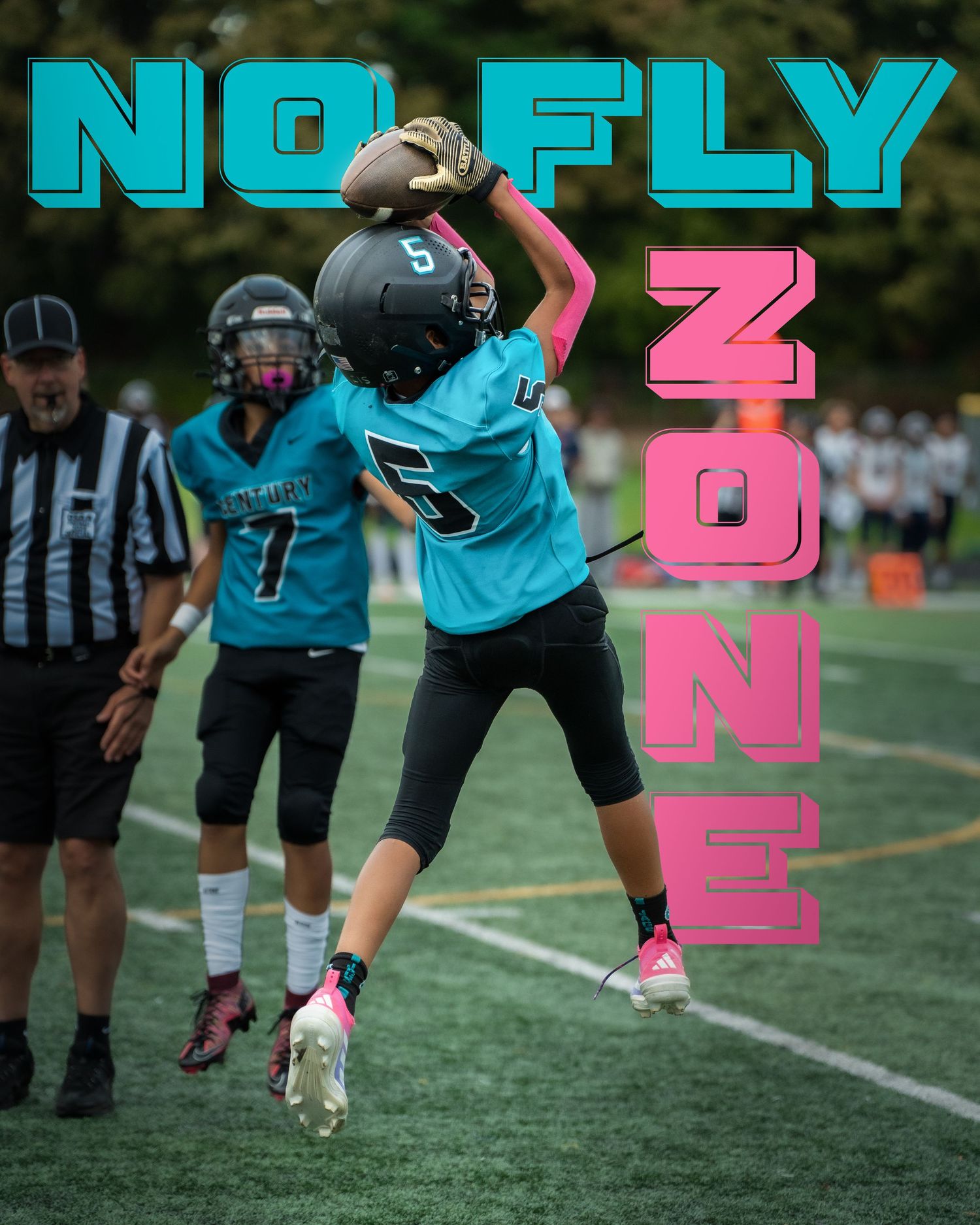Dynamic action shot of football players in teal uniforms with pink neon text overlay.