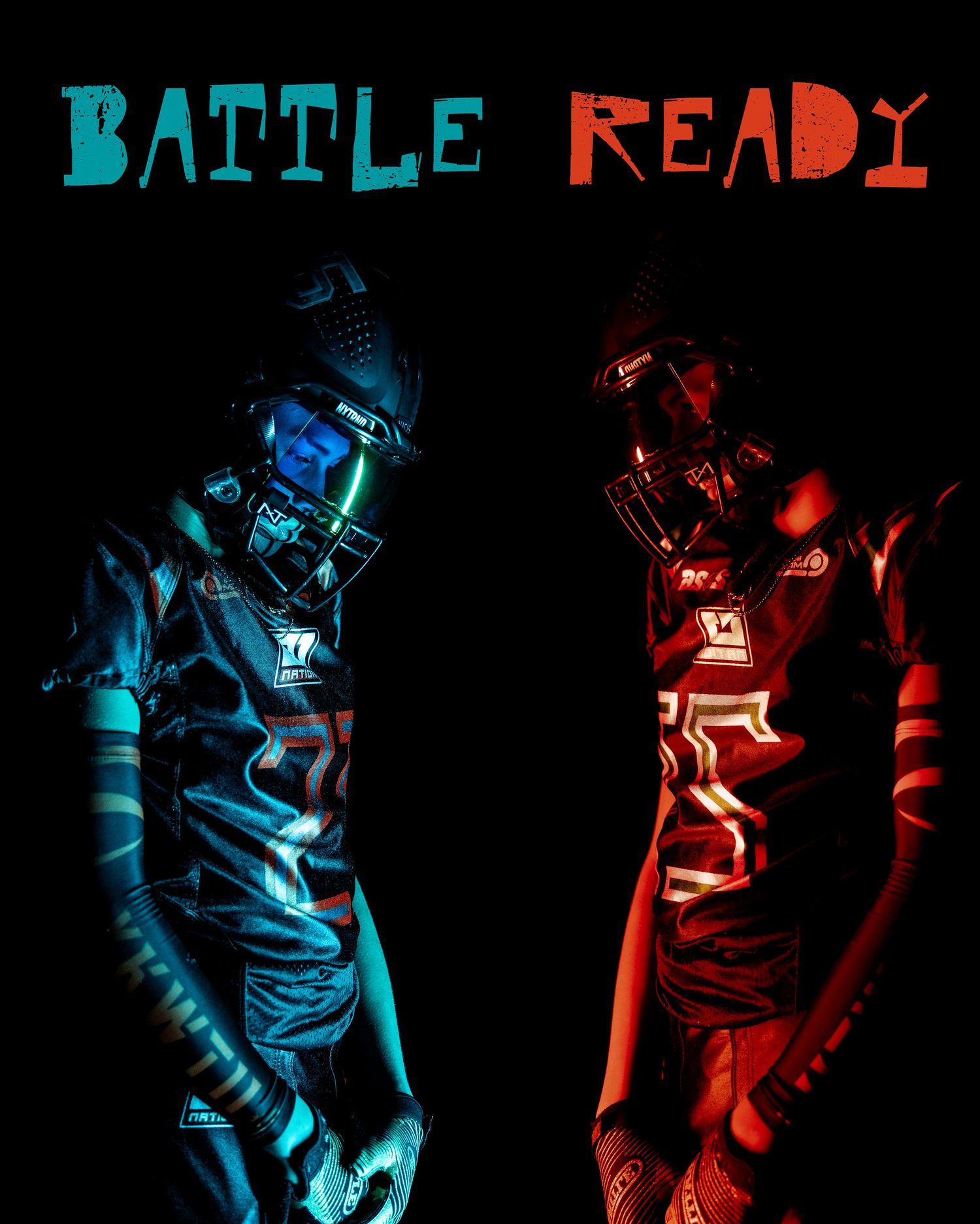 A dramatic series of silhouettes in blue and red lighting showing a figure in dynamic battle-ready poses.