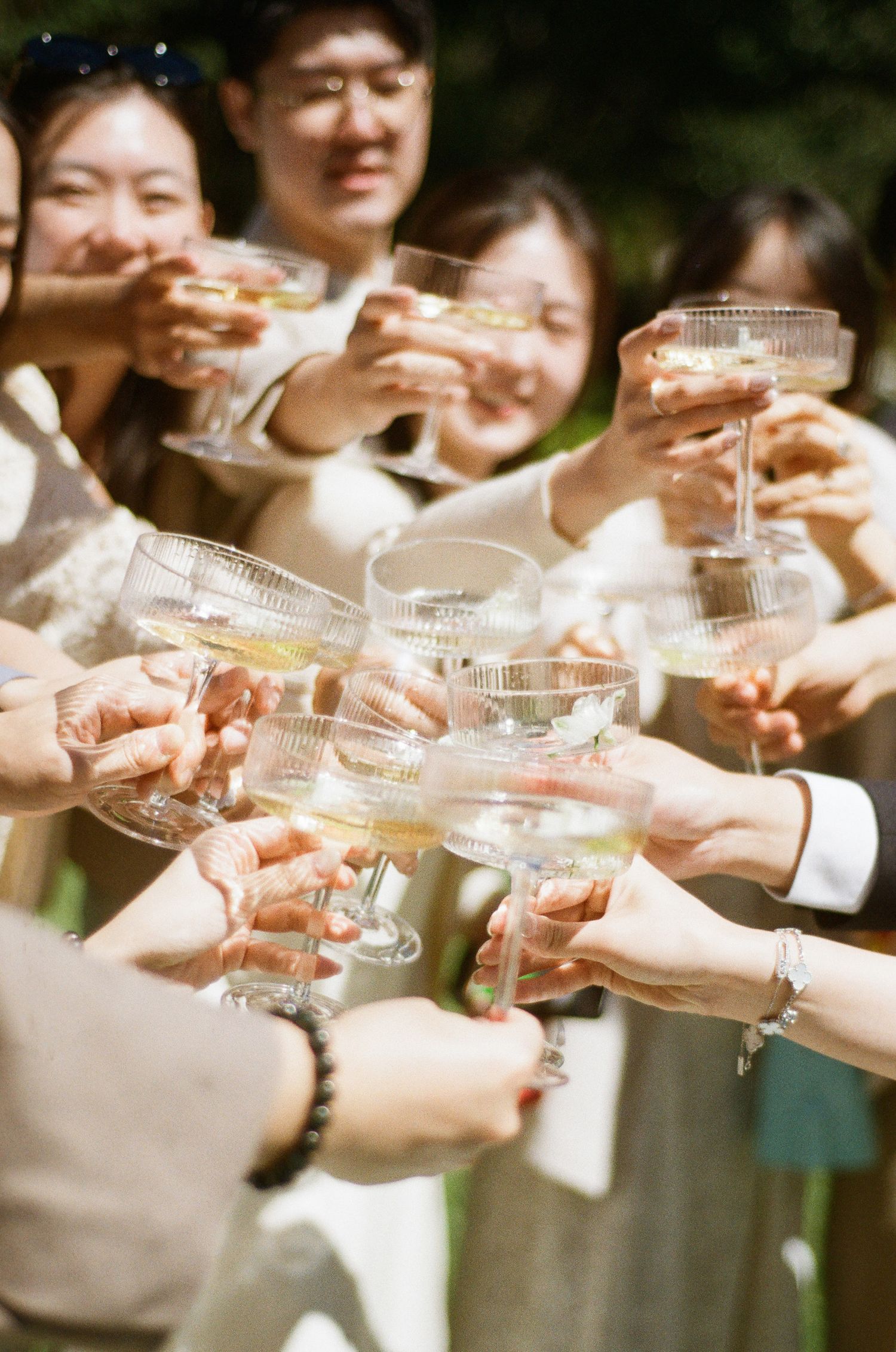Group of smiling friends raising champagne coupe glasses in a joyful outdoor toast during a sunny celebration.