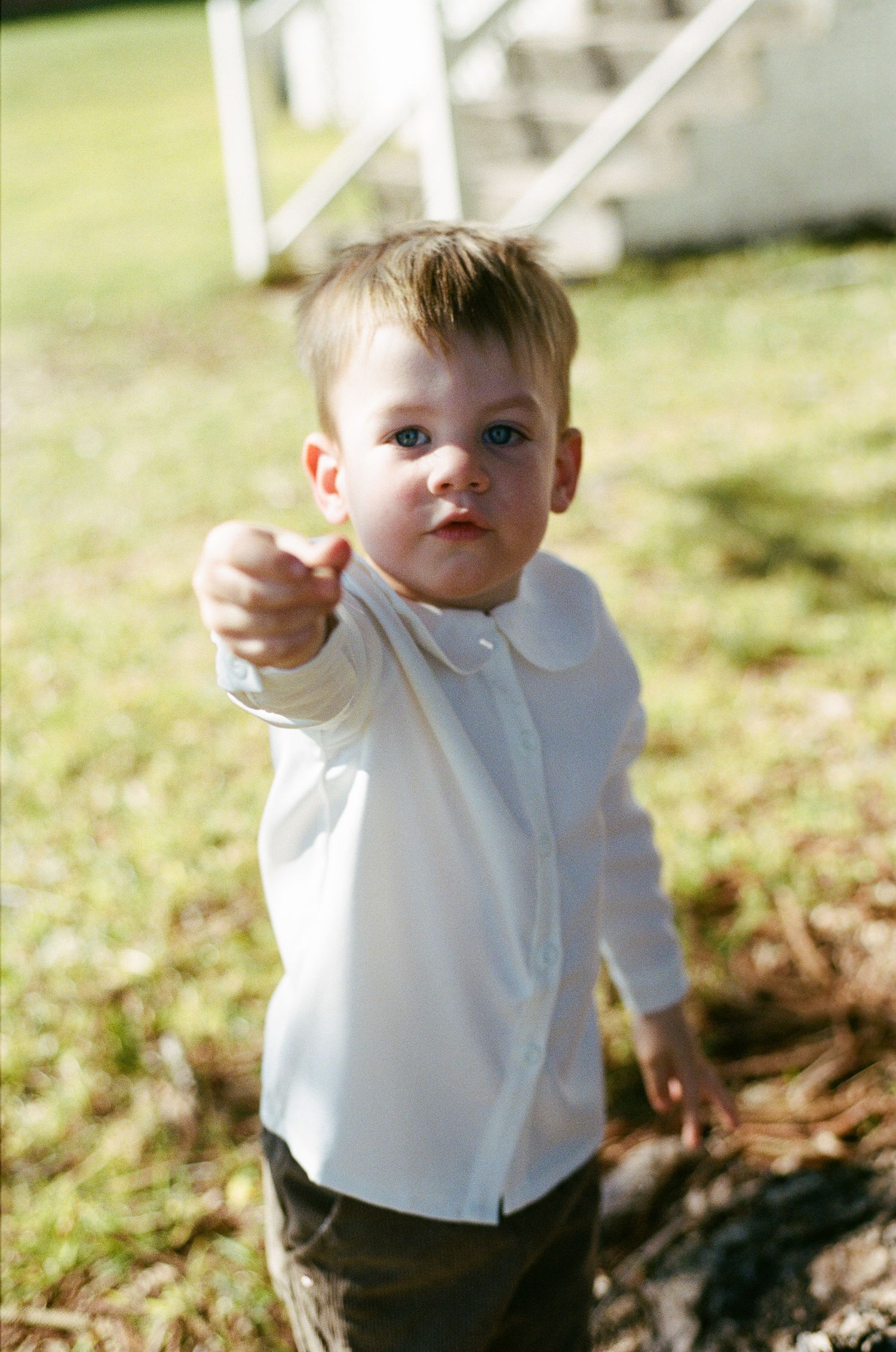 Toddler boy in a white collared shirt and dark pants reaches toward the camera while standing on sunlit grass outdoors.