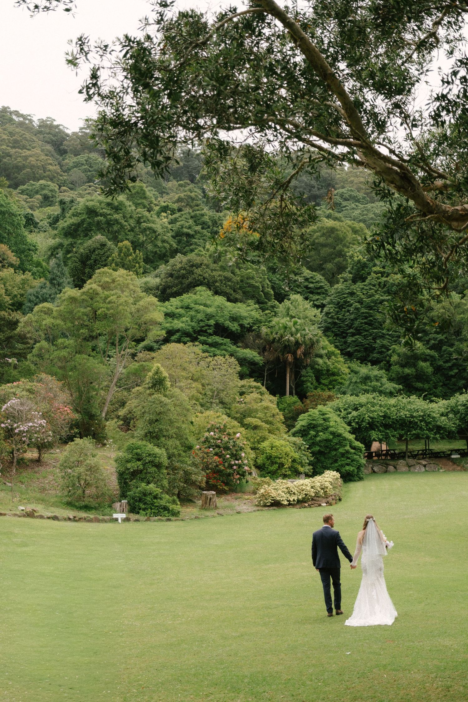 Two people walk hand in hand across a lush green lawn surrounded by towering trees in a romantic garden setting.