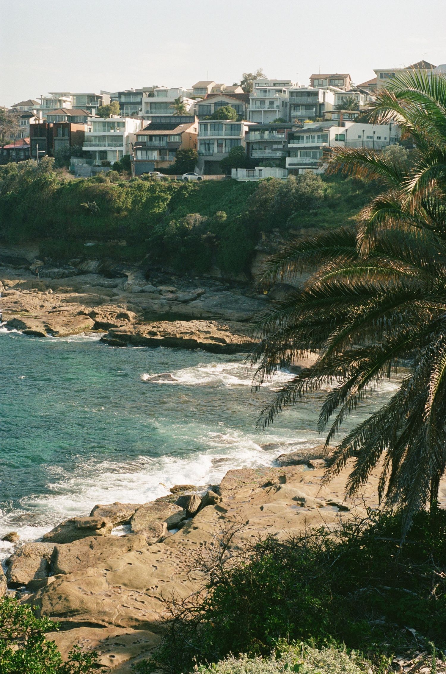 Coastal view of modern houses perched on cliffs overlooking rocky shores and turquoise waters in Sydney, Australia.