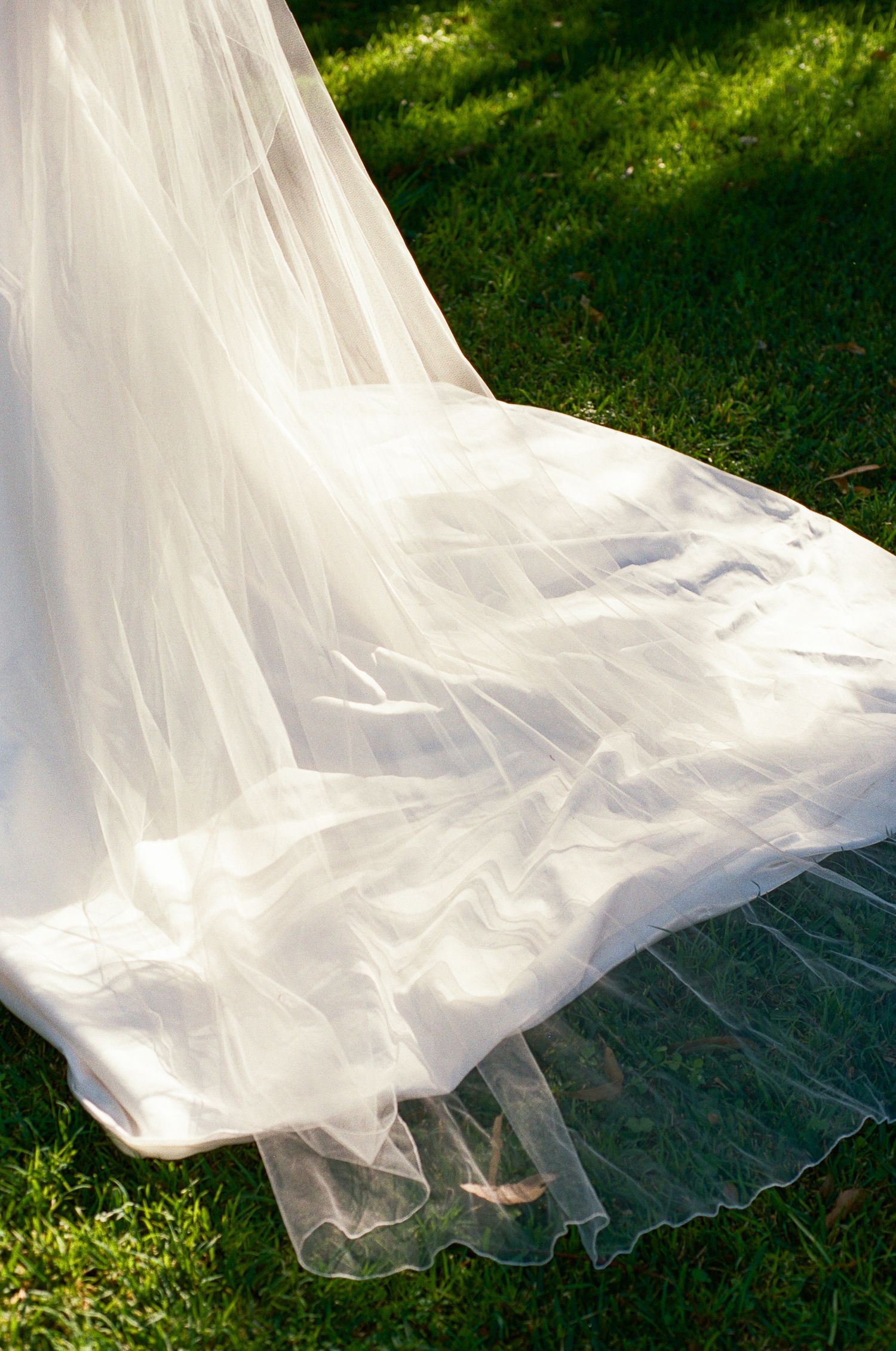 Flowing white tulle wedding veil with a delicate trim spread across sunlit green grass outdoors.
