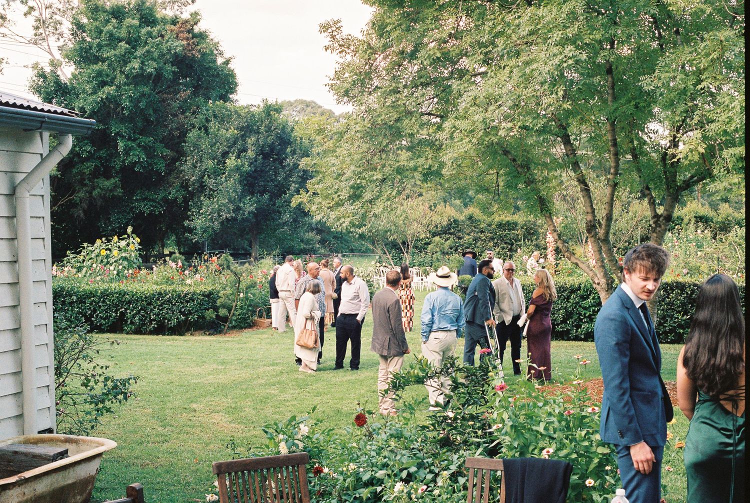 Wedding guests in formal attire mingle on a lush green lawn surrounded by trees and hedges at an outdoor garden party.