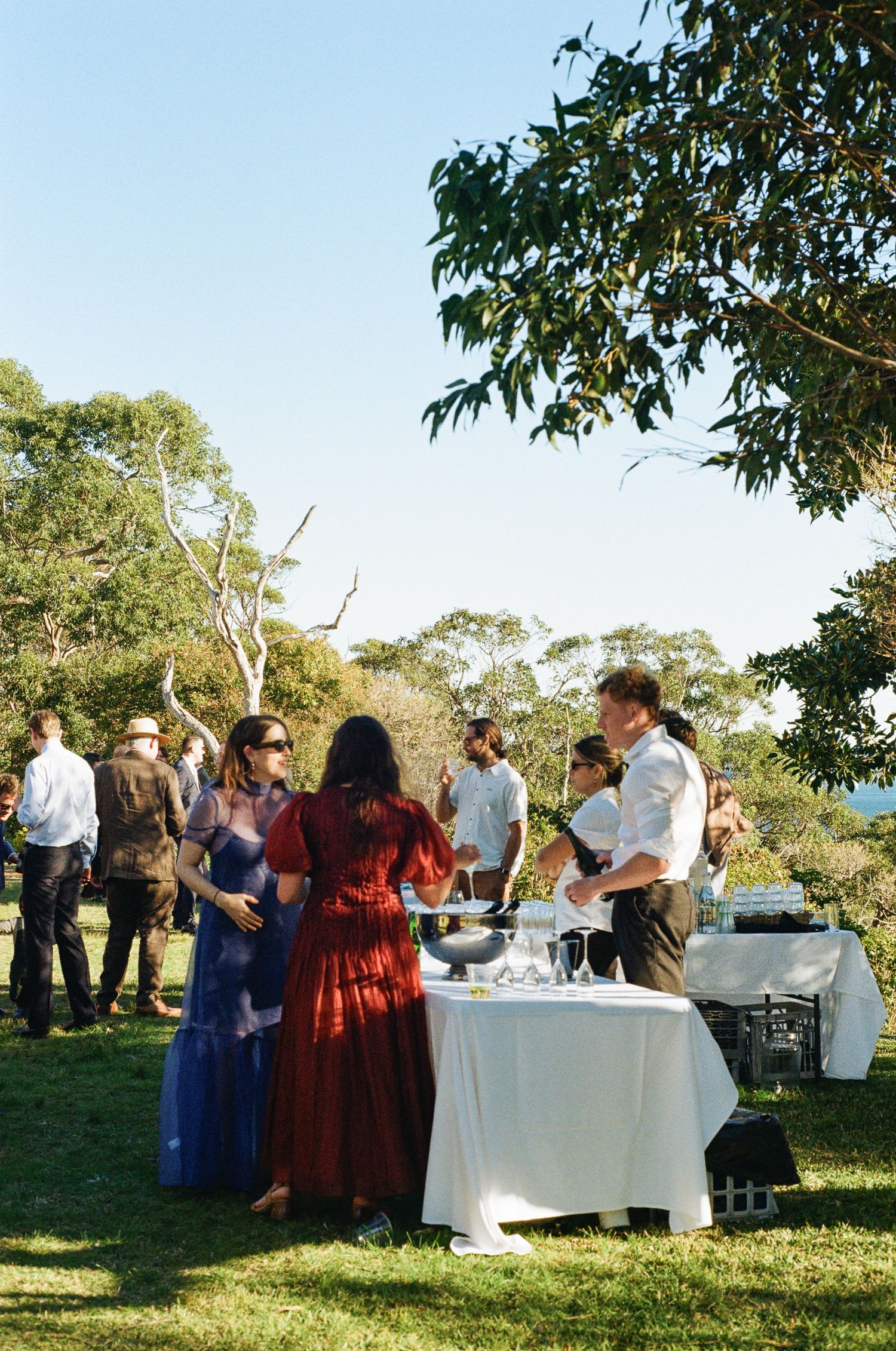 Wedding guests in elegant dresses and suits mingle around a linen-covered drink table at an outdoor garden reception under sunny skies.
