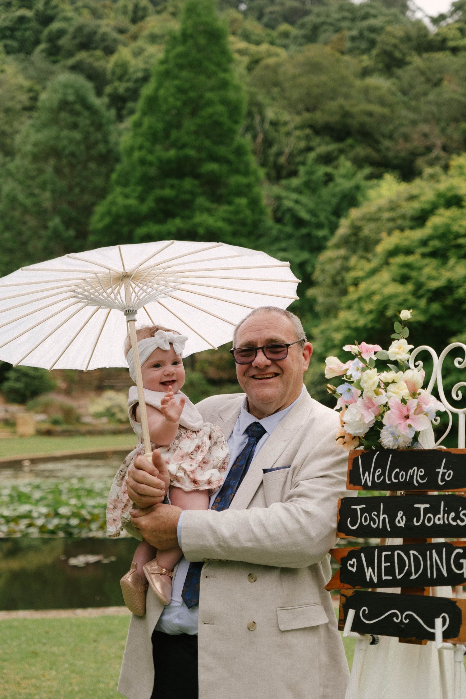 A series of wedding photos showing guests with white parasols against a lush green garden backdrop.