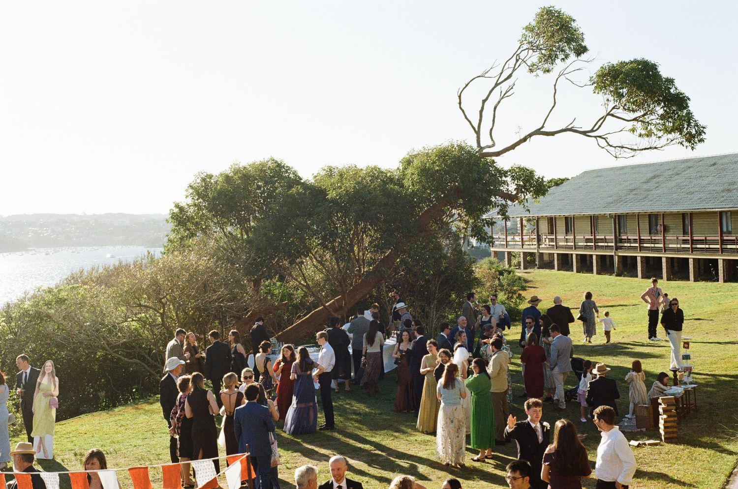 Outdoor wedding reception on green lawn beside waterfront building with guests mingling under tall trees in warm sunlight.