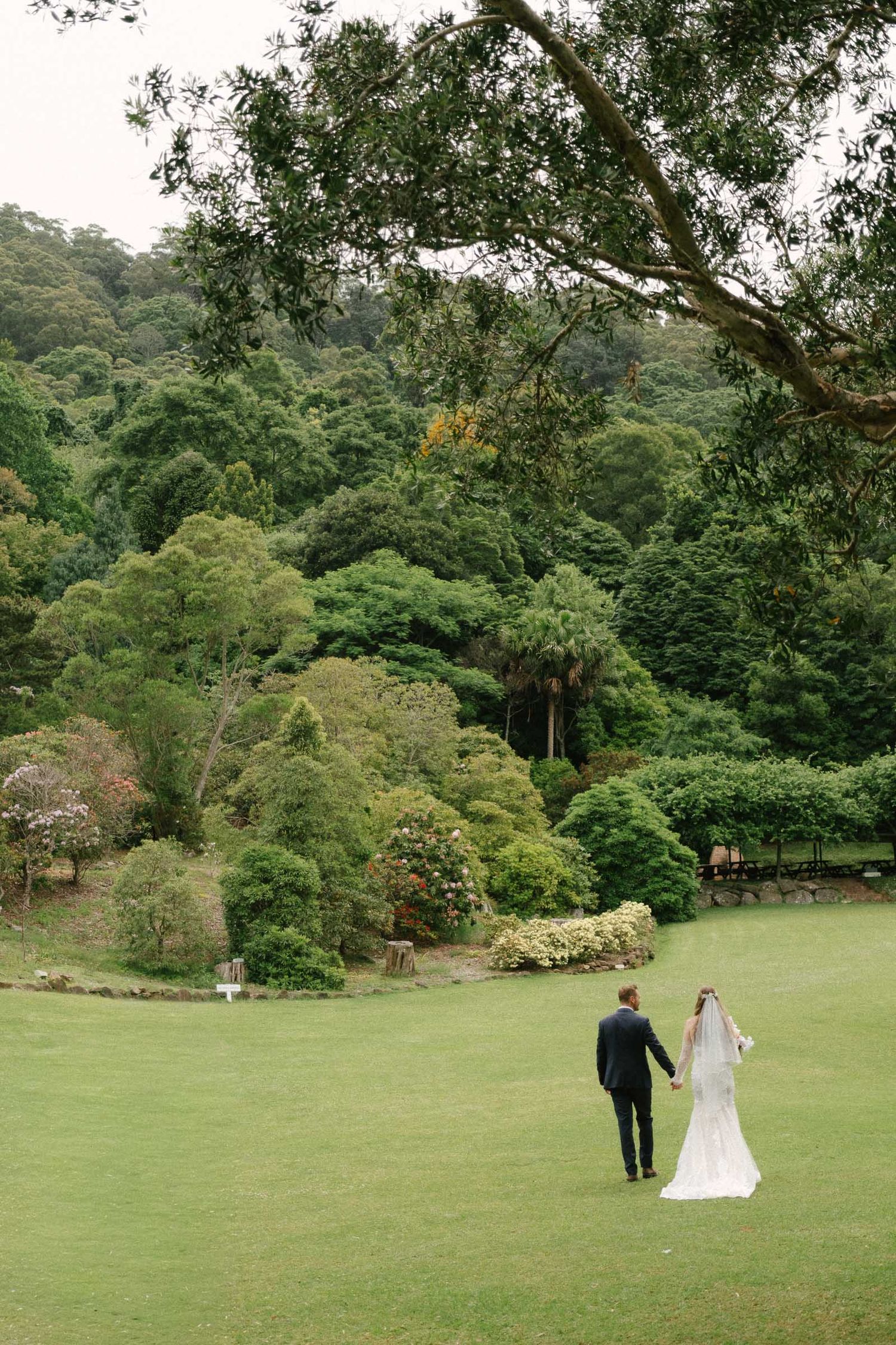 A couple walks across a lush green lawn surrounded by tall trees and foliage in a serene garden setting.