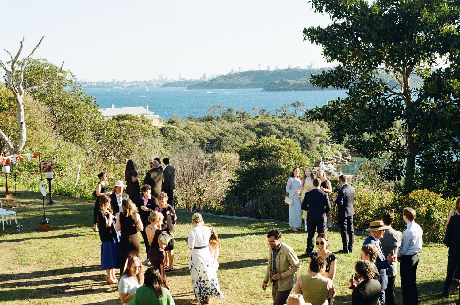 Outdoor wedding cocktail hour on a lush green lawn overlooking a scenic bay with guests mingling.